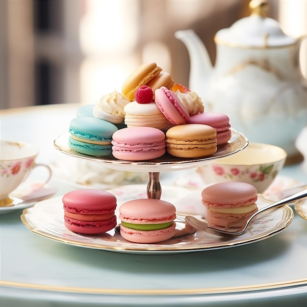 Maccheroni di torta su uno stand di torte con una tazza di caffè AI Generative