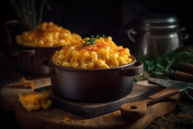 Maccheroni e formaggio in una pentola su un tavolo