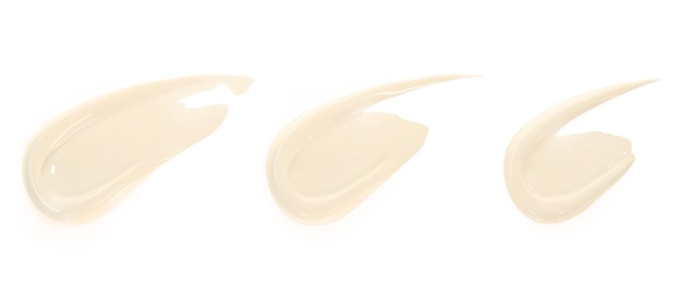 Macchie di crema macchie di unguento o dentifricio tratti di gel beige campioni cosmetici set di rendering 3d prodotto per la cura della pelle di bellezza fondotinta per il trucco crema solare maschera per la pelle o consistenza del siero