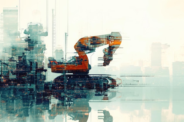 Macchina al centro di un incrocio di città trafficata Macchine futuristiche che mostrano devozione al progetto di ingegneria in un'immagine a doppia esposizione AI generata