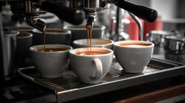 Macchina da caffè che prepara caffè fresco versando in una tazza al bar Generative AI AIG21