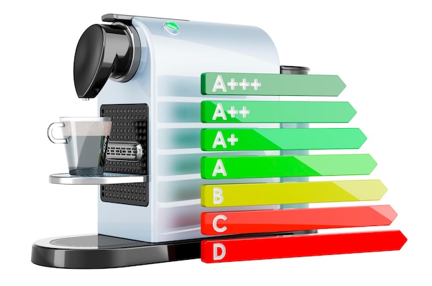 Macchina da caffè con grafico di efficienza energetica rendering 3D isolato su sfondo bianco