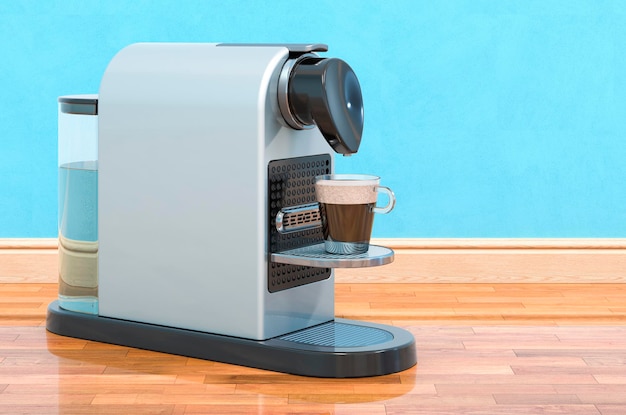 Macchina da caffè in cialde in camera vicino al rendering 3D della parete