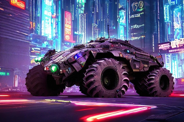 Macchina da guerra monster truck cyberpunk città notte Illustrazione digitale
