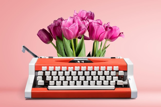 Macchina da scrivere rossa con un bouquet di fiori primaverili luminosi sullo sfondo.