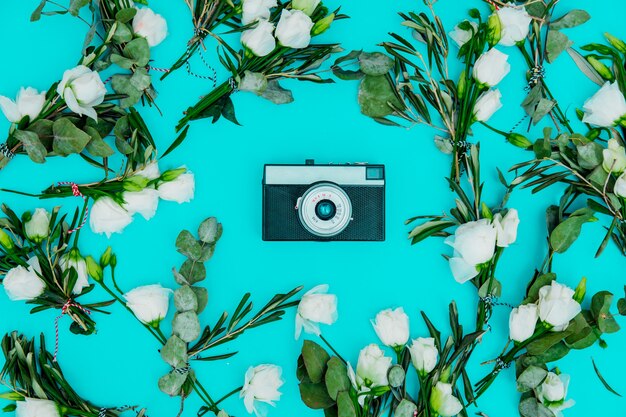 Macchina fotografica d'epoca con rose bianche su sfondo verde. Sopra la vista