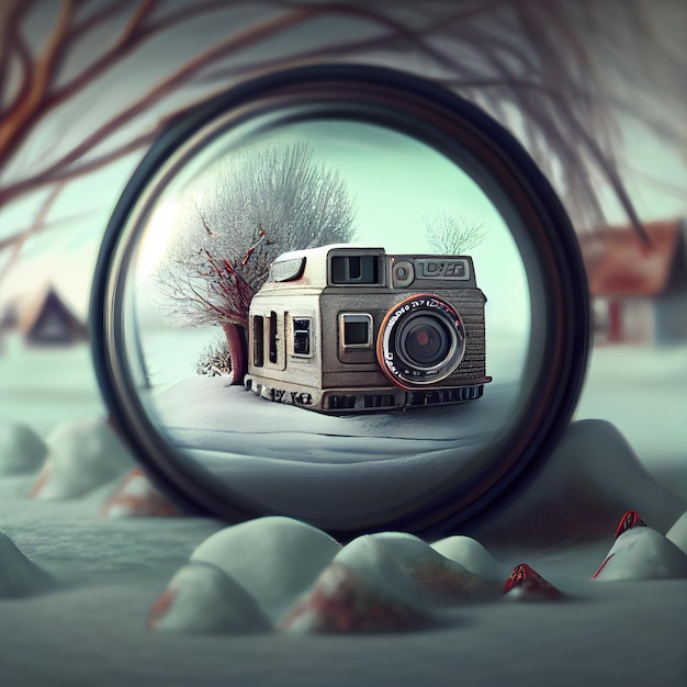 Macchina fotografica d'epoca nella foresta invernale 3d render illustrazione