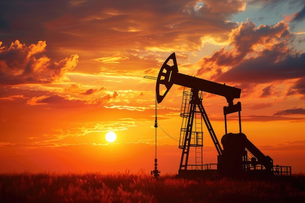 Macchina industriale per l'energia della piattaforma petrolifera con pompa dell'olio per il petrolio sullo sfondo del tramonto per il design