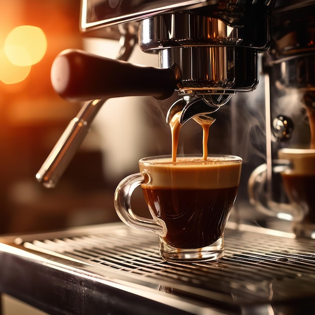 Macchina per il caffè closeup espresso caldo che versa in una tazza da un portafiltro professionale in un negozio di caffè Generative AI