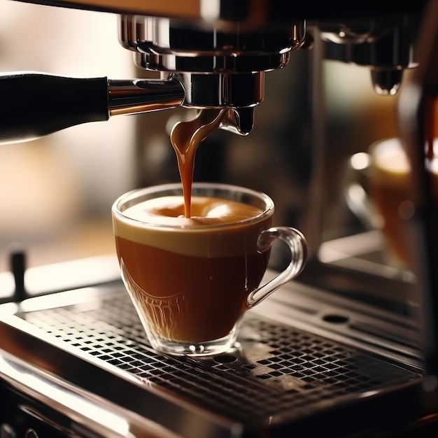 Macchina per il caffè closeup espresso caldo che versa in una tazza da un portafiltro professionale in un negozio di caffè Generative AI