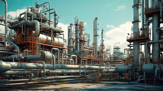 Macchinari e una complessa rete di condutture Produzione di carburante Processi produttivi Attrezzature di raffineria Intricato sistema di condutture Lavorazione del petrolio Generato dall'intelligenza artificiale