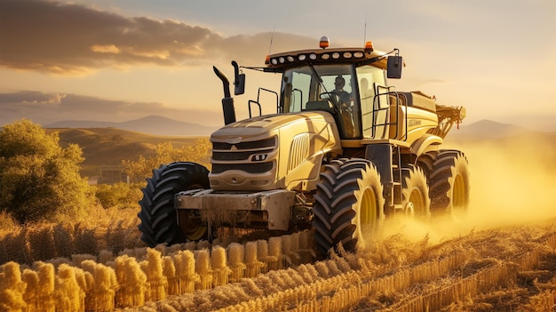 Macchine agricole che tagliano il grano maturo al tramonto