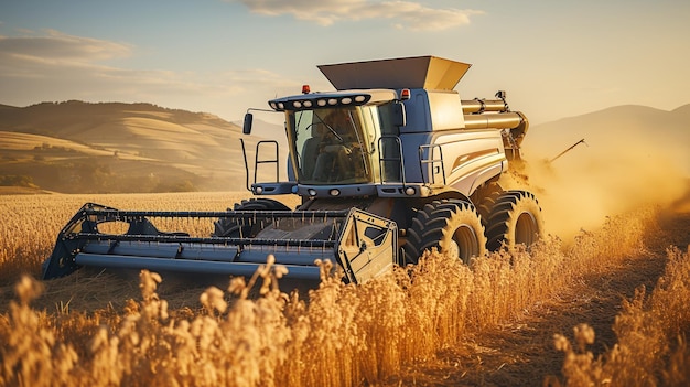 Macchine agricole che tagliano il grano maturo al tramonto