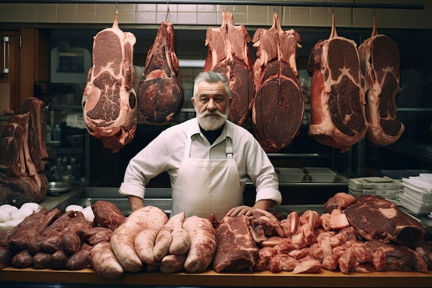 macellaio in piedi al moderno bancone della carne