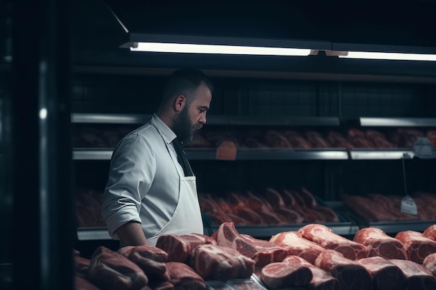 Macellaio scaffali di carne Lavoro maschio Generare Ai