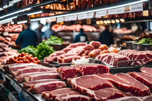 Macelleria con varietà di esposizione di carne e verdure