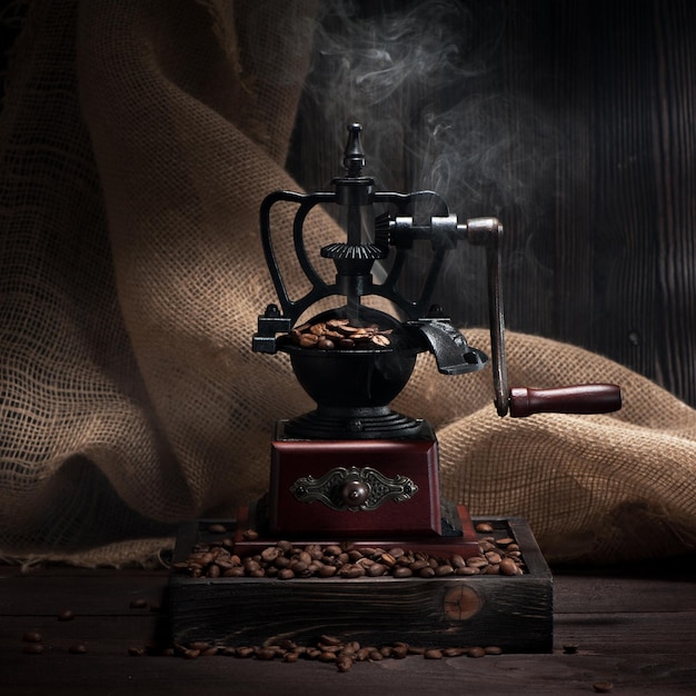 Macinacaffè vintage e chicchi di caffè su sfondo scuro
