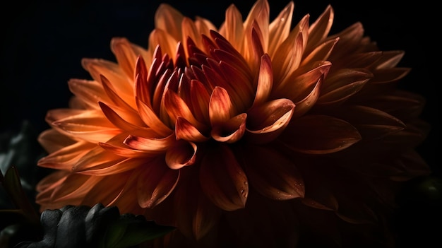 Macro close-up di una bella testa di fiore dahlia arancione su sfondo nero