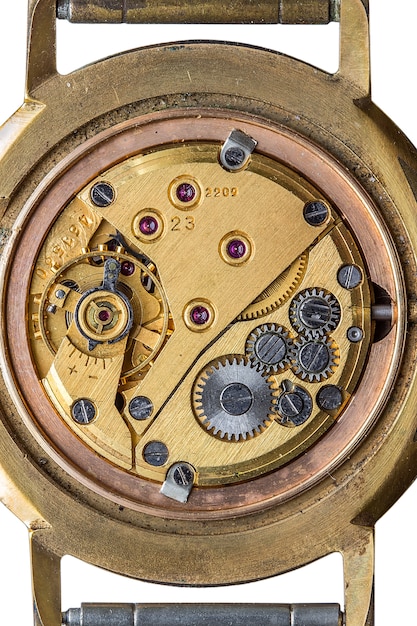 Macro colpo del vecchio meccanismo dell'orologio, vista superiore