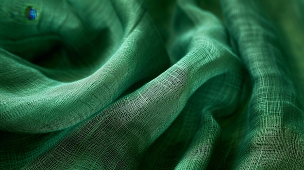 Macro consistenza di tessuto verde vibrante con intrecci intricati e una lucentezza sottile