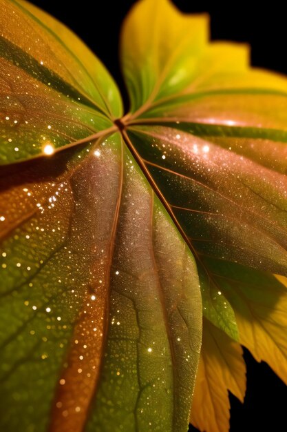 Macro di foglie autunnali con fuoco lento e gocce d'acqua