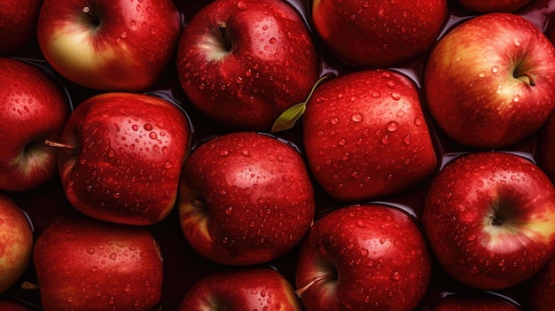 Macro di mele fresche rosse bagnate con gocce d'acqua Mangia un banner AI del giorno della mela rossa