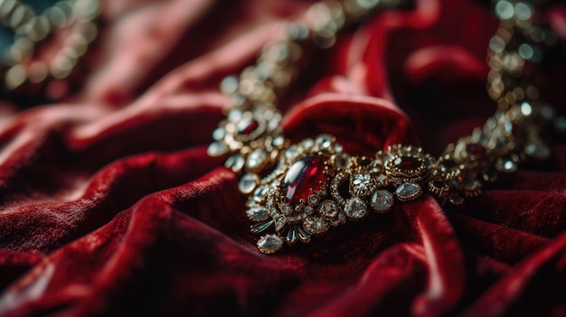 Macro di ornati gioielli d'epoca su un ricco tessuto di velluto