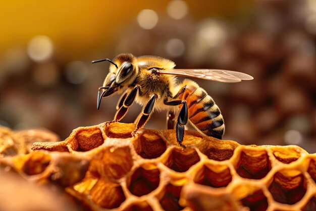 Macro di un grande drone in un nido d'ape maschio operaio per l'apicoltura e l'apiculture