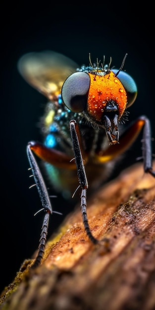 Macro di una mosca su un tronco d'albero Profondità di campo