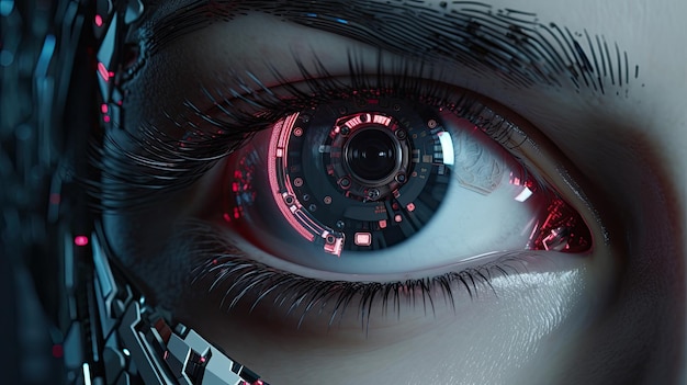 Macro estrema del primo piano della tecnologia futura dell'occhio femminile bionico cibernetico