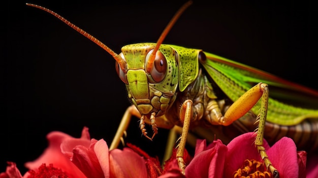 Macro foto di cavalletta seduta sui fiori Extreme macro alzato di un insetto Molto dettagliato