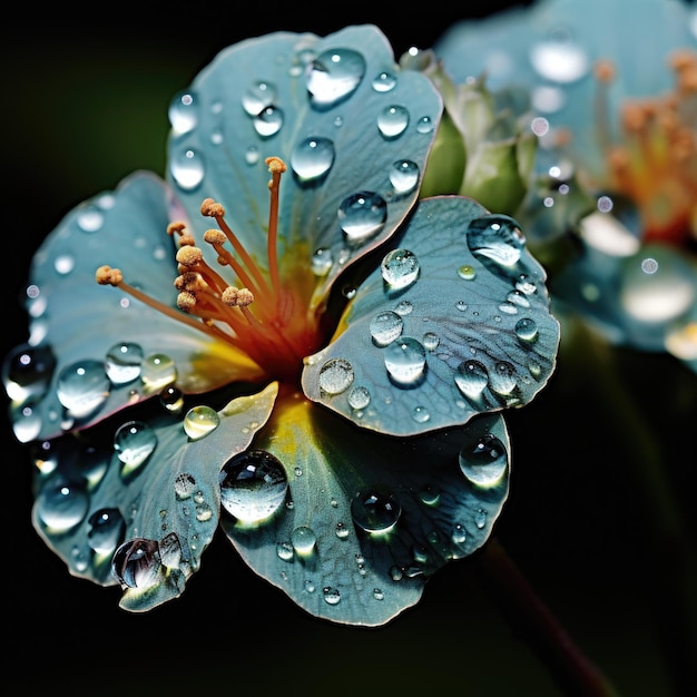 Macro foto di gocce d'acqua sui petali di fiori per l'illustrazione botanica
