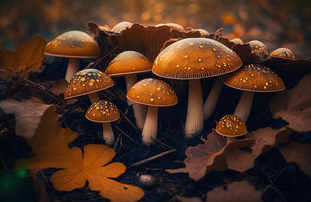 Macro fotografica di funghi nei boschi incorniciati da foglie secche