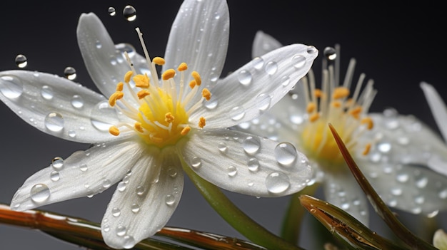 Macro gocce di rugiada fotorealistiche su fiori bianchi in stile precisionista