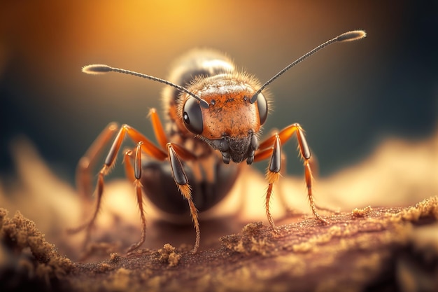 Macro immagine di formica sullo sfondo all'aperto al tramonto IA generativa