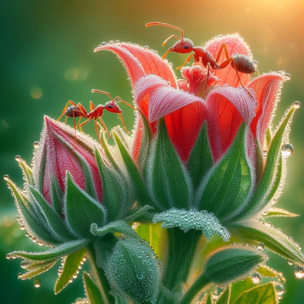 Macro mattina d'estate di due formiche rosse su una fioritura verde con gocce di rugiada AI Generated Art