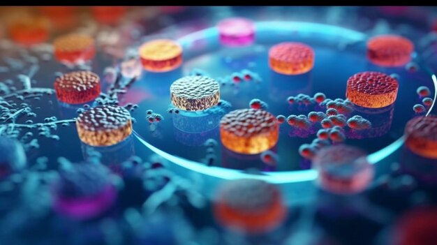 Macro primo piano di batteri e cellule virali in un laboratorio scientifico Generativo ai
