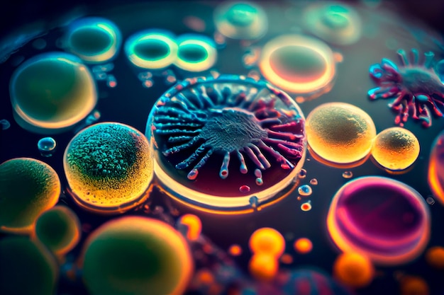 Macro primo piano di batteri e cellule virali in una capsula di Petri da laboratorio scientifico Generativo ai