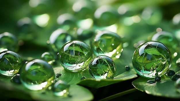 Macro Shot Dewdrops sull'erba verde illuminata dal sole