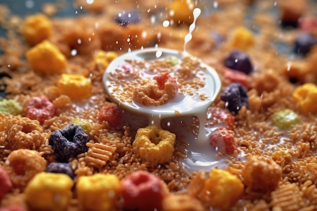 Macro shot di cereali immersi con gocce di latte