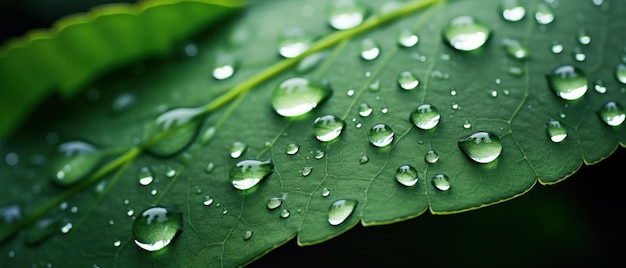 Macro shot di foglia con gocce d'acqua luccicanti che catturano la delicata bellezza della natura AI Generative