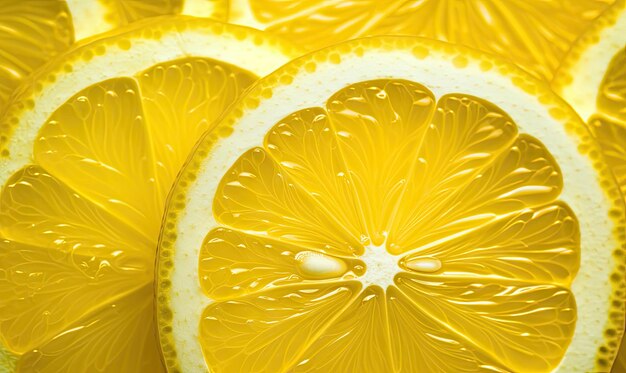 Macro shot di limoni tagliati con gocce d'acqua luccicanti Perfetto per promozioni culinarie di salute e bevande Creato con strumenti generativi di IA