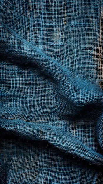 Macro shot di tessuto blu ricco con un distintivo modello di griglia tessuta adatto per presentazioni tessili dettagliate Sfondio di consistenza di tessuto Burlap