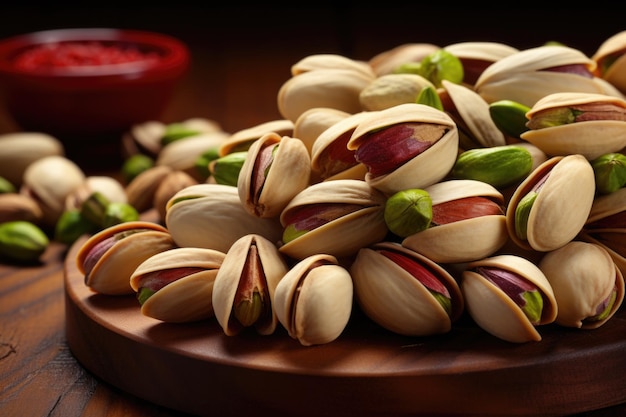 Macro View of Pistachios on Wood Una macroscopia ravvicinata che cattura i ricchi dettagli delle noci di pistacchio splendidamente disposte su uno sfondo di legno rustico