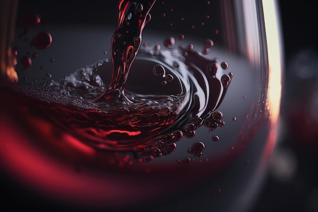 Macro vino rosso su sfondo nero spruzzi astratti Generazione AI