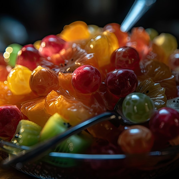 Macrofotografia di una macedonia di frutta Immagine creata con AI