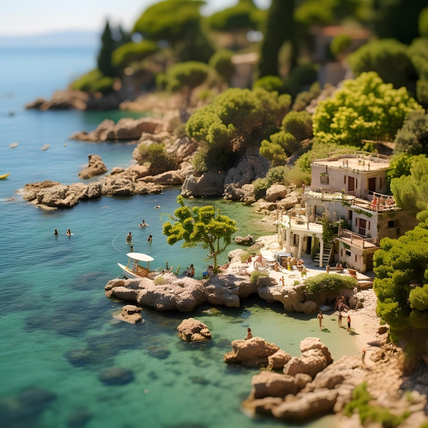 Macrofotografia in miniatura sovraccarico della bellissima spiaggia costiera con città e mare durante una vacanza