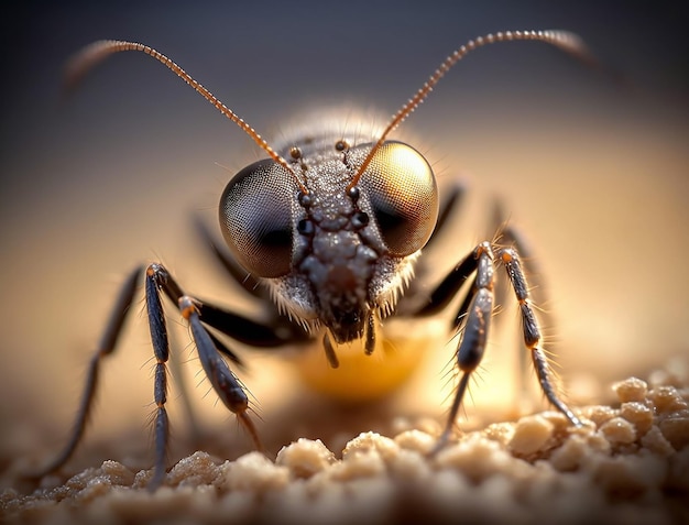 Macrofotografia in primo piano di una minuscola formica creata con l'intelligenza artificiale generativa