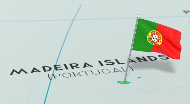 Madeira Islands national flag pinned on political map 3D illustration