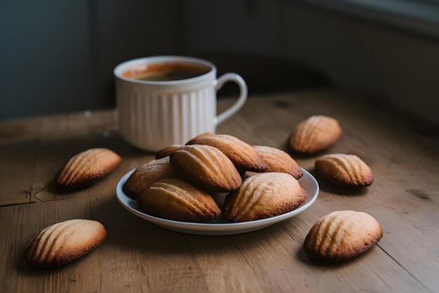 Madeleine disposte sul tavolo della cucina delicati dolci francesi esposti